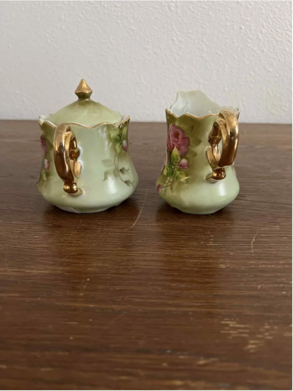 Vintage Lefton China NE3066 Hand Painted Creamer & Sugar Set Green Roses & Gold